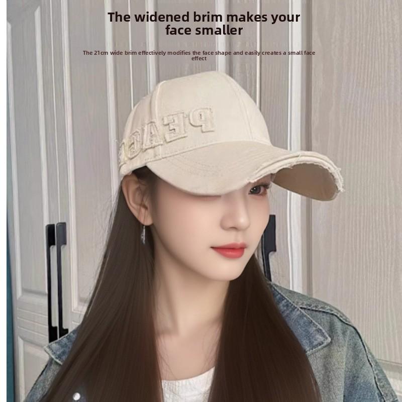 Retro Ripped Hard Top Baseball Cap Female Face Small Spring and Autumn Outdoor Sunshade Big Head Circumference Peaked Cap Mickey