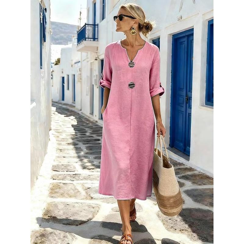BITCED Fashion Autumn Winter Solid Color Print Long Sleeve V-Neck Casual Dresses