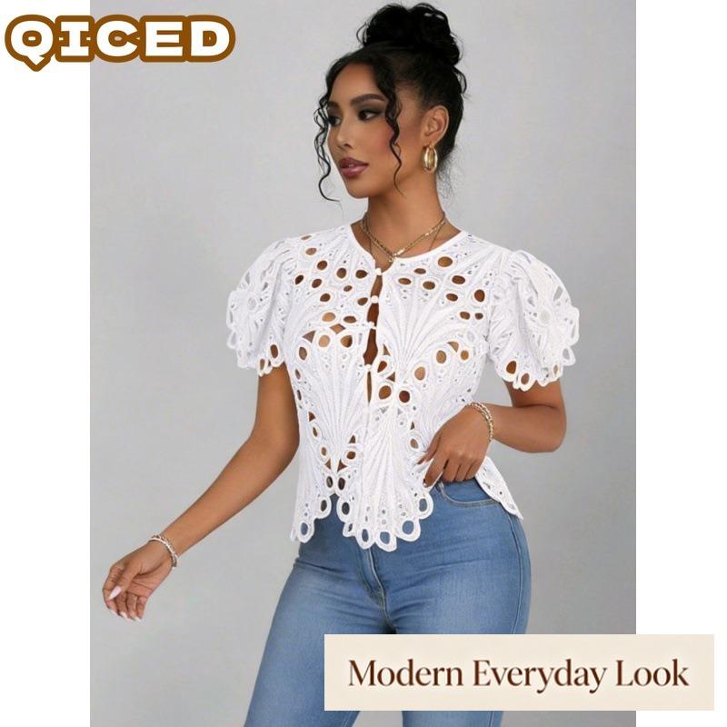 QICED Women's Fashion Casual Solid Color Print Short Sleeve V Neck Blouses & Shirts