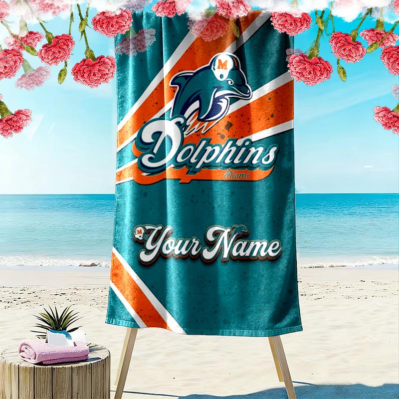 Name Custom Miami Dolphins Print Beach Towel, Large Soft Quick Dry Towel for Beach Camping Swimming