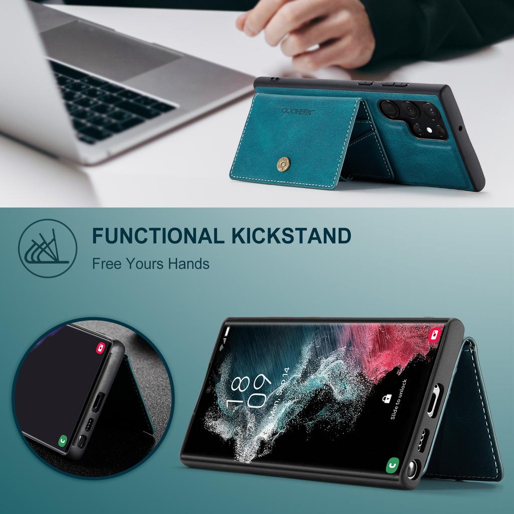 For Samsung Galaxy S22 Ultra 5G Case JEEHOOD J01 Retro Leather Phone Back Cover with Detachable Magnetic Card Holder