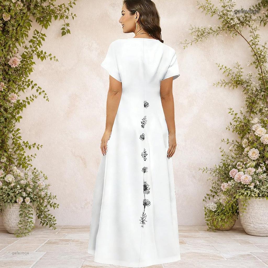 Women Plus Size V Neck Short Sleeve Grey Printed Straight Long Dress