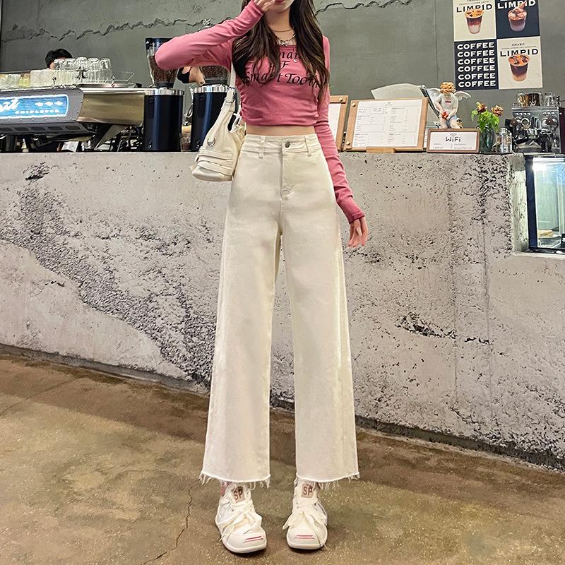 Women's High-Waisted Retro Khaki Cropped Wide-Leg Jeans with Raw Hem