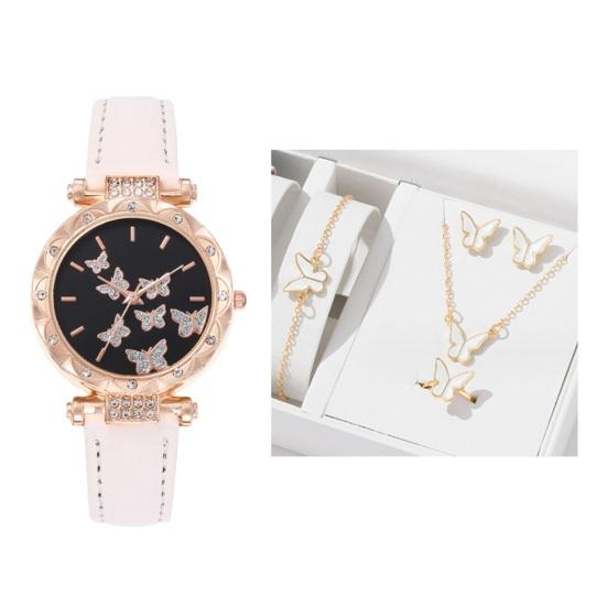 1 Set Kadın Kol Saati Kolye Bilezik Yüzük Küpe Taşlı Kelebekler Yuvarlak Suni Deri Bayan Elbise Kol Saati Moda