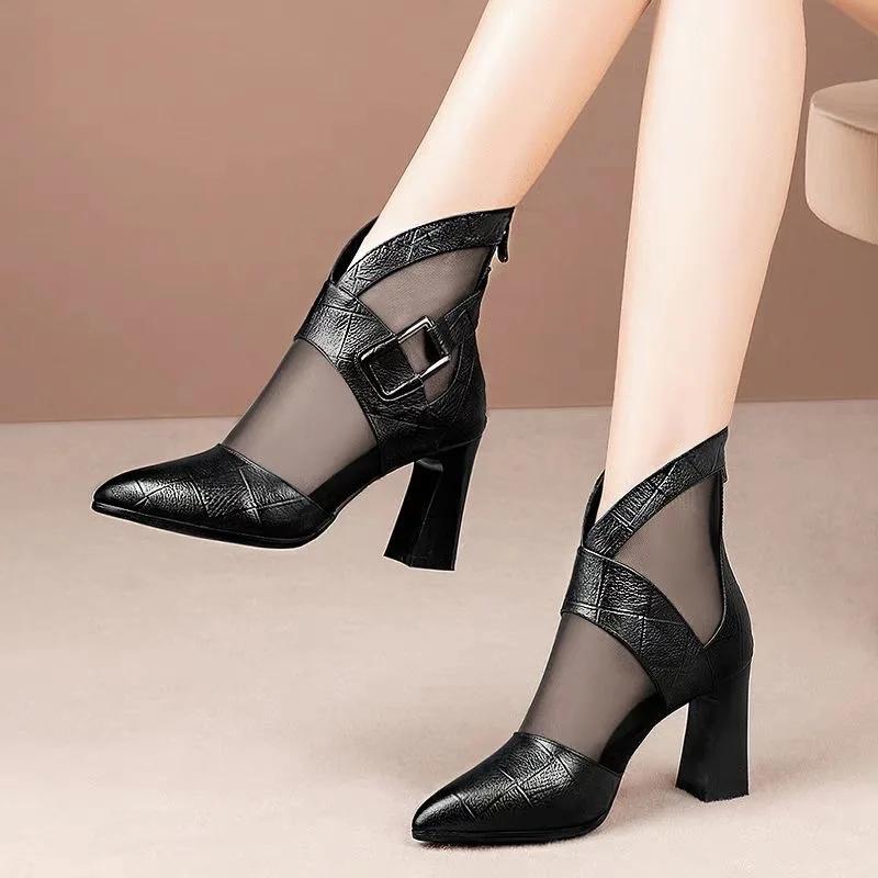 Fashion Super high heel slippers mesh women's flush boots black sandals ankle boots pointed toe parka hot sale