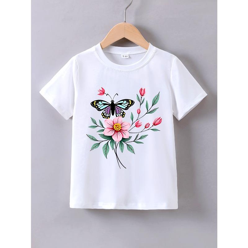 European sizes Girls Summer Short-Sleeve Butterfly Floral Print T-Shirt 98cm белый