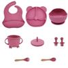 Silicone Baby Feeding Set Suction Bowl Plate Cup Fork Spoon Adjustable Bib Silicone Texture Suitable for Baby Toddlers Pink