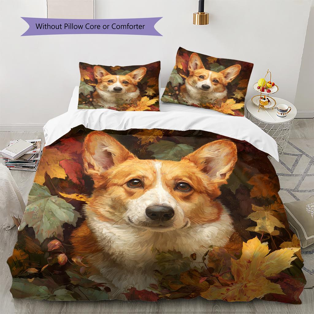 Corgi und Pflanzen Muster Bettwäsche Heimdekoration Geburtstagsgeschenk (1 Bettbezug + 2 Kissenbezüge, ohne Füllung)