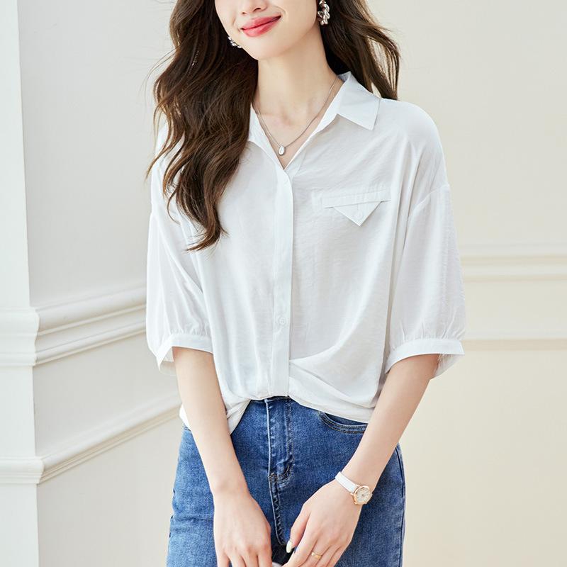 

Белый дизайн лацканов и рукав-пятиточечный рукав рубашки в летнем новом стиле, ощущение высокого класса, свободный и универсальный XXL белый