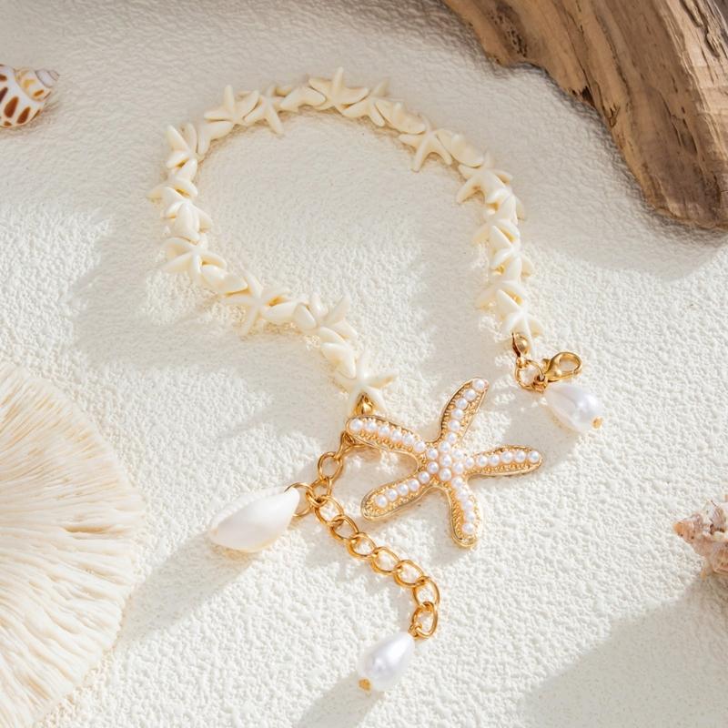 Shell Detail Anklet for Women Starfish Pendant Bead Drops Gold Tone Chain Jewelry for Beach Vacation Summer Styling
