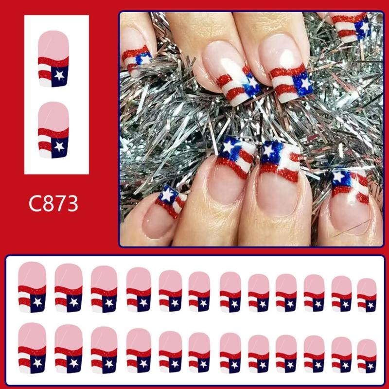 24 Pcs Independence Day False Nail Short Press On Nail French Tip Acrylic Nail 4th of July Full Cover Stick on Nail