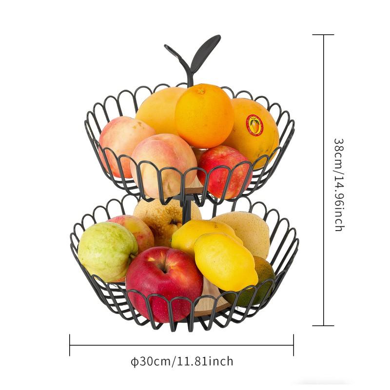 Double-Layer Metal Fruit Basket With Wooden Base Detachable Handheld Storage Rack Kitchen Living Room Snacks Candy