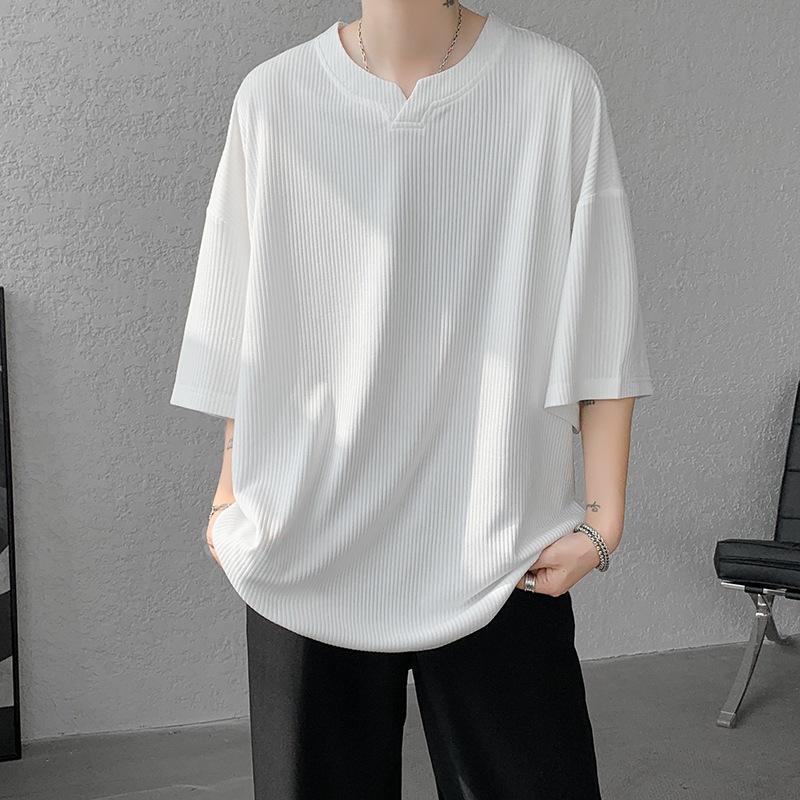 Men Ribbed Knit Notch Neck Short Sleeve T Shirt Casual Loose Fit Summer Top M белый
