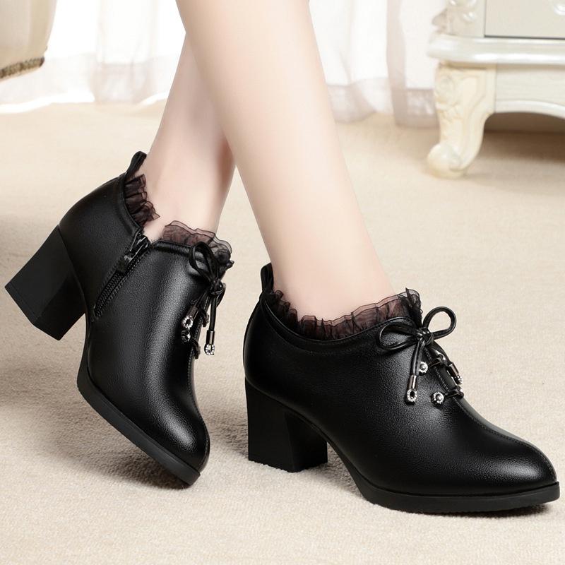 Women Spring Autumn New Fashion Lace Soft Leather Platform Pumps Korean Style Casual Waterproof Pointed Toe Single Shoes