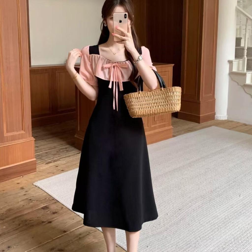 French Temperament Wind Splicing Contrasting Color Pleated Bubble Sleeve Dress Women's Summer Slim Lace-up Knee A-shaped Long Dress