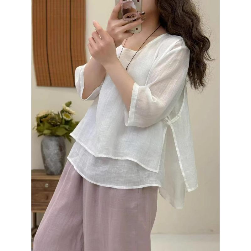 Women Green Square Neck Double Layer Three Quarter Sleeve Linen Blend Loose Blouse