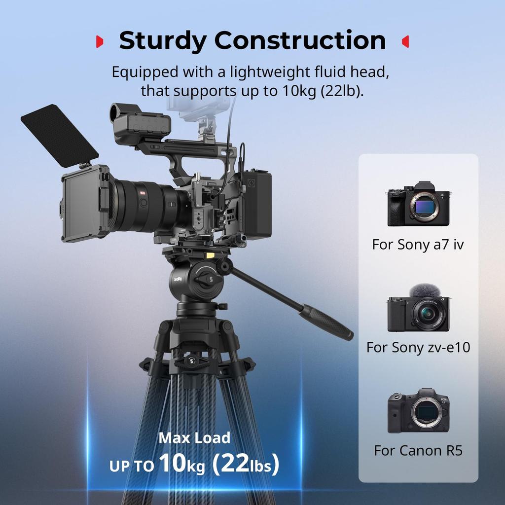SmallRig AD14 Carbon Fiber Video Max Fluid Head with To Tilt Compact Travel Folded Product 5441 Heavy-Duty Tripod, 185cm, 22.5lbs (10kg) Load, +85°