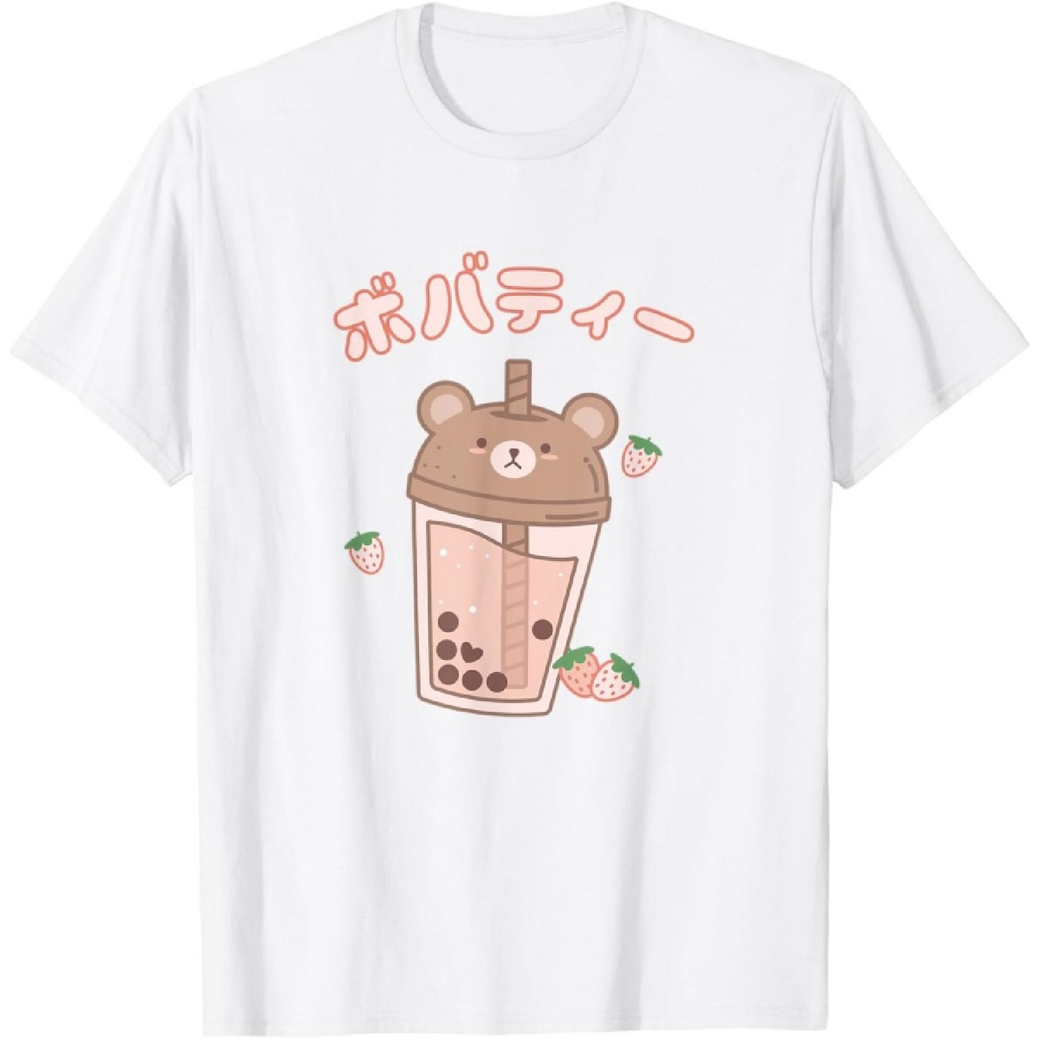 

Cute Kawaii Bear Strawberry Boba Tea T-Shirt XXXXXL білий