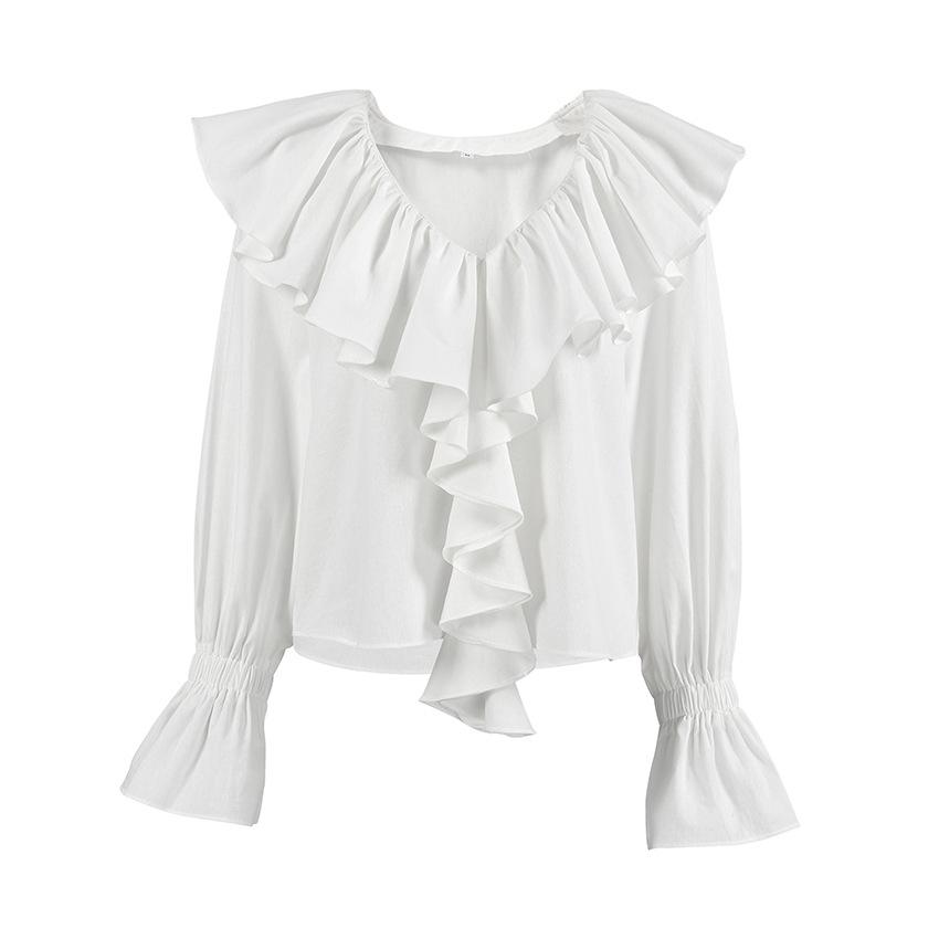 1116 Spring French ruffle V-neck top femininity professional inner pure cotton long-sleeved women's shirt wholesale