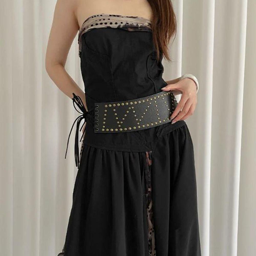 Wide Leather Waist Belt Vintage Women's Dress Belt Retro Cross Rivet Belt  Streetwear