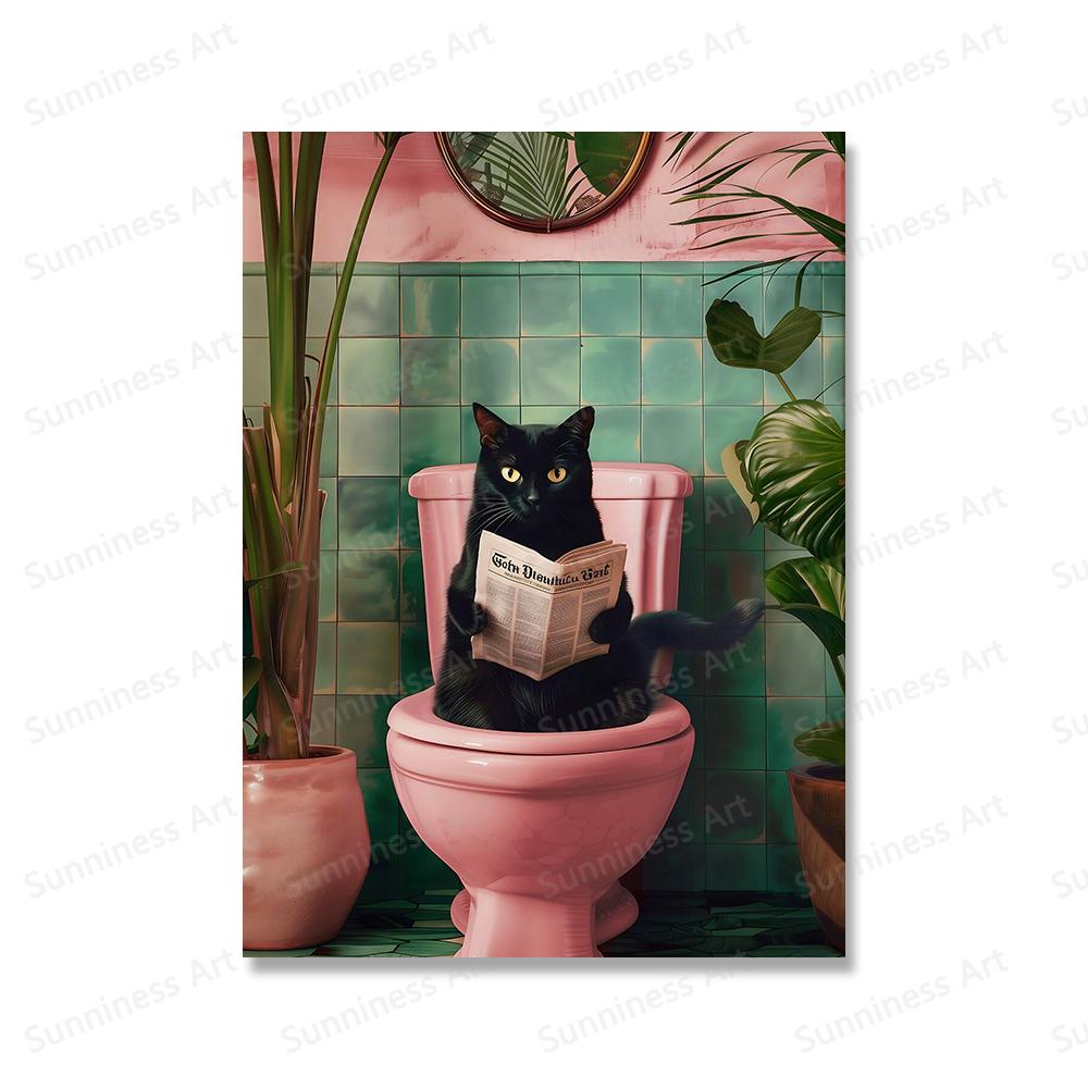 

Гумор Смішні коти читають газету на туалеті Мистецтво Друк на полотні Живопис Плакат для вітальні Ванна кімната Домашнє оздоблення стін 21x30cm No Framed білий