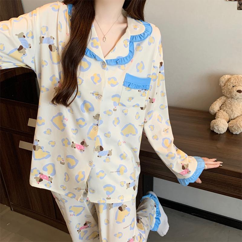 Contrasting color dachshund dog imitation cotton pajamas women's spring and autumn new sweet lace long-sleeved loose loungewear