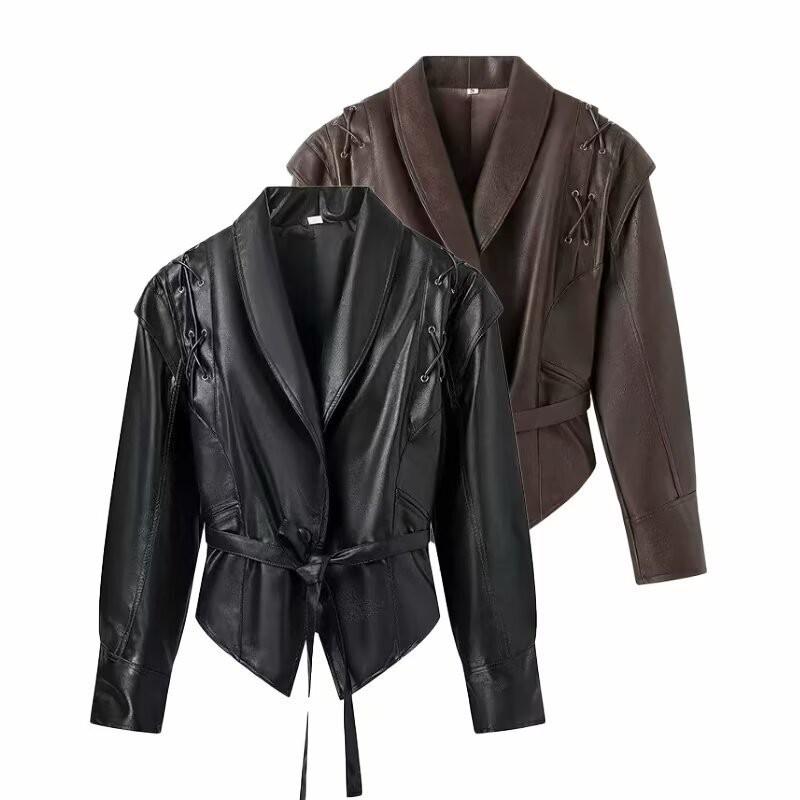 Versatile Retro Lace-Up V-Neck Faux Leather Jacket Streetwear Fashion Outerwear