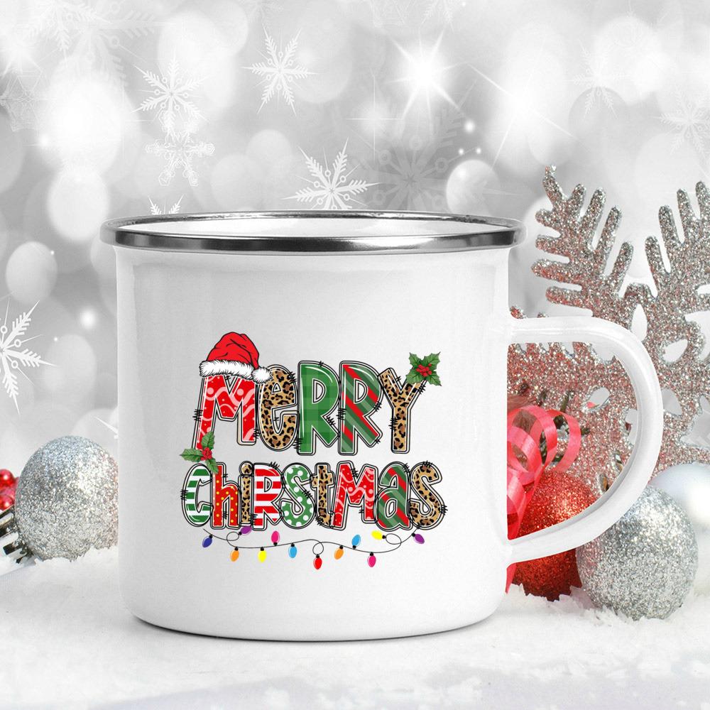 Merry Christmas Enamel Cup Hot Cocoa Juice Mugs Christmas Party Drink Tea Wine Beer Cups Xmas Holiday Gift