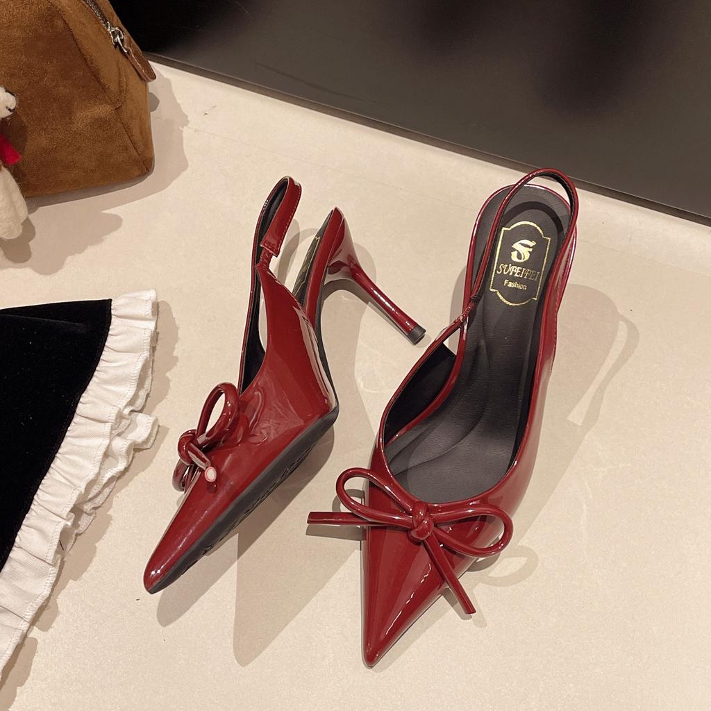 Beautiful Sandals Women's 2025 Summer New Temperament Bow Back Empty Shallow Mouth Single Shoes Pointed Large Size High Heel Sandals