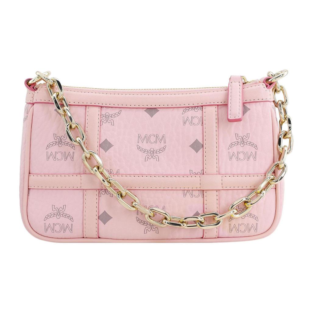 MCM Pink Visetos Pebbled Leather Chain Shoulder Bag with Gold Hardware for Daily Use
