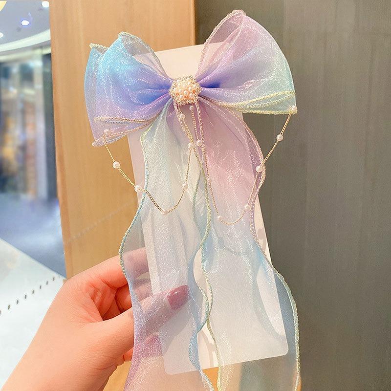 Super Fairy Bow Headwear  Hair Band Girls' Hair Tie  Hair Ribbon  Pearl Tassel  Braid  Hair Clip  Girls' Hair Accessory  Children's Hair Clip