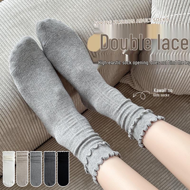 Women's White Mid-Calf Socks, Spring & Autumn Style, Paired with Birkenstocks; Girls' Lace Ruffled Long Socks, Perfect for Autumn & Winter.