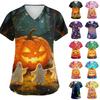 Women V Neck Short Sleeve Work Top with Pockets Halloween Themed Printed Scrub Shirt for Healthcare Professionals