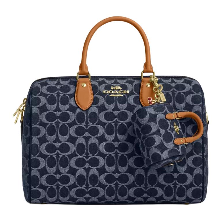 Coach Rowan 9 Classic Print Logo Denim And Leather Tote Bag Women handbags Blue Natural CZ083-IMXIA