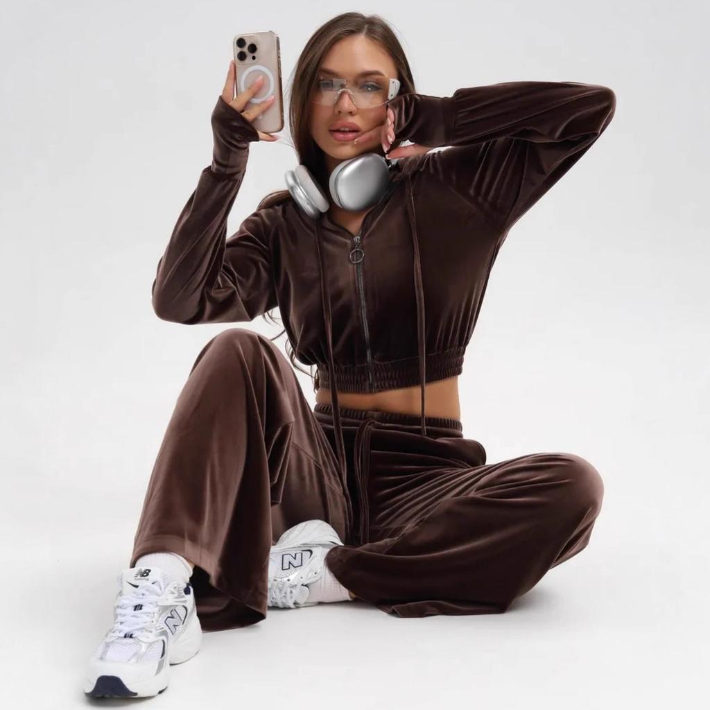 Fashion Women's Clothing Suit Velvet Solid Color Autumn and Winter Casual Zipper Stand-up Collar Long-sleeved Trousers Two-piece Set Women