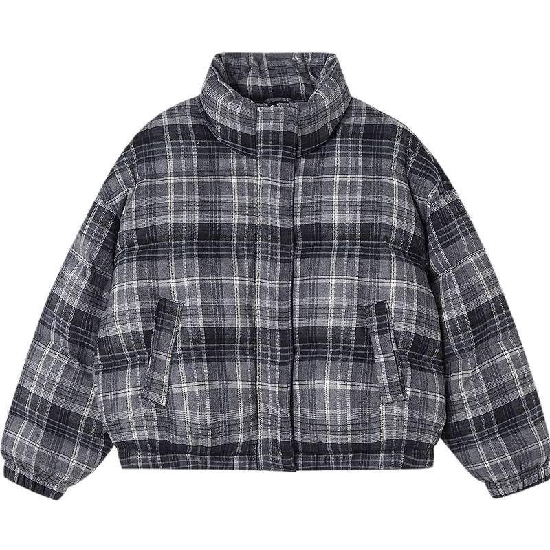Retro plaid loose stand-up collar small warm cotton clothes women's short student jacket winter new thickened