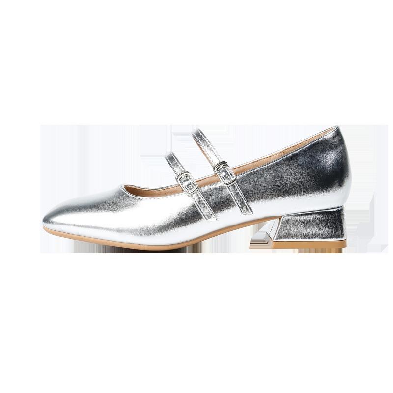 Temperament square head with Mary Jane shoes women's spring and autumn new leather shallow mouth thick middle heel single shoes wedding shoes