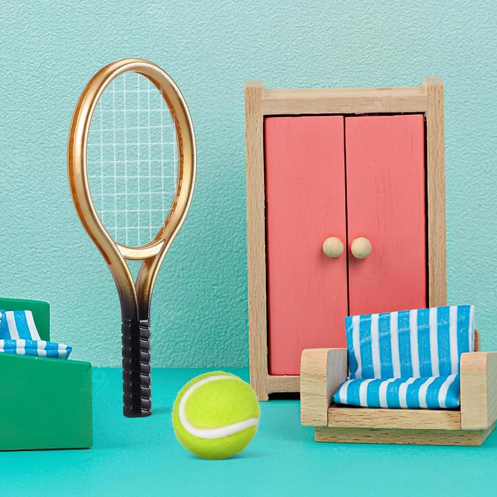 Kisangel 2 Sets Mini Tennis Racket and Ball Set 1:12 Miniature Tennis Kit Dollhouse Tennis Toy Mini Tennis Cake Topper for Sports Equipment
