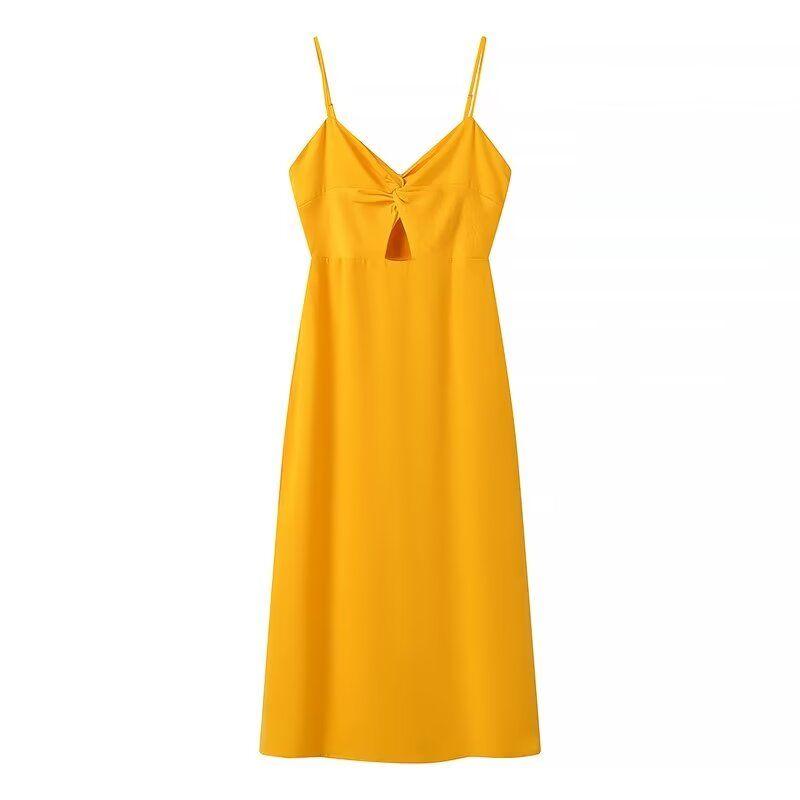 

Kaslead New Arrival Women s Clothing Fashion Style Fashion Casual Satin Knot Sling Dress Orange L