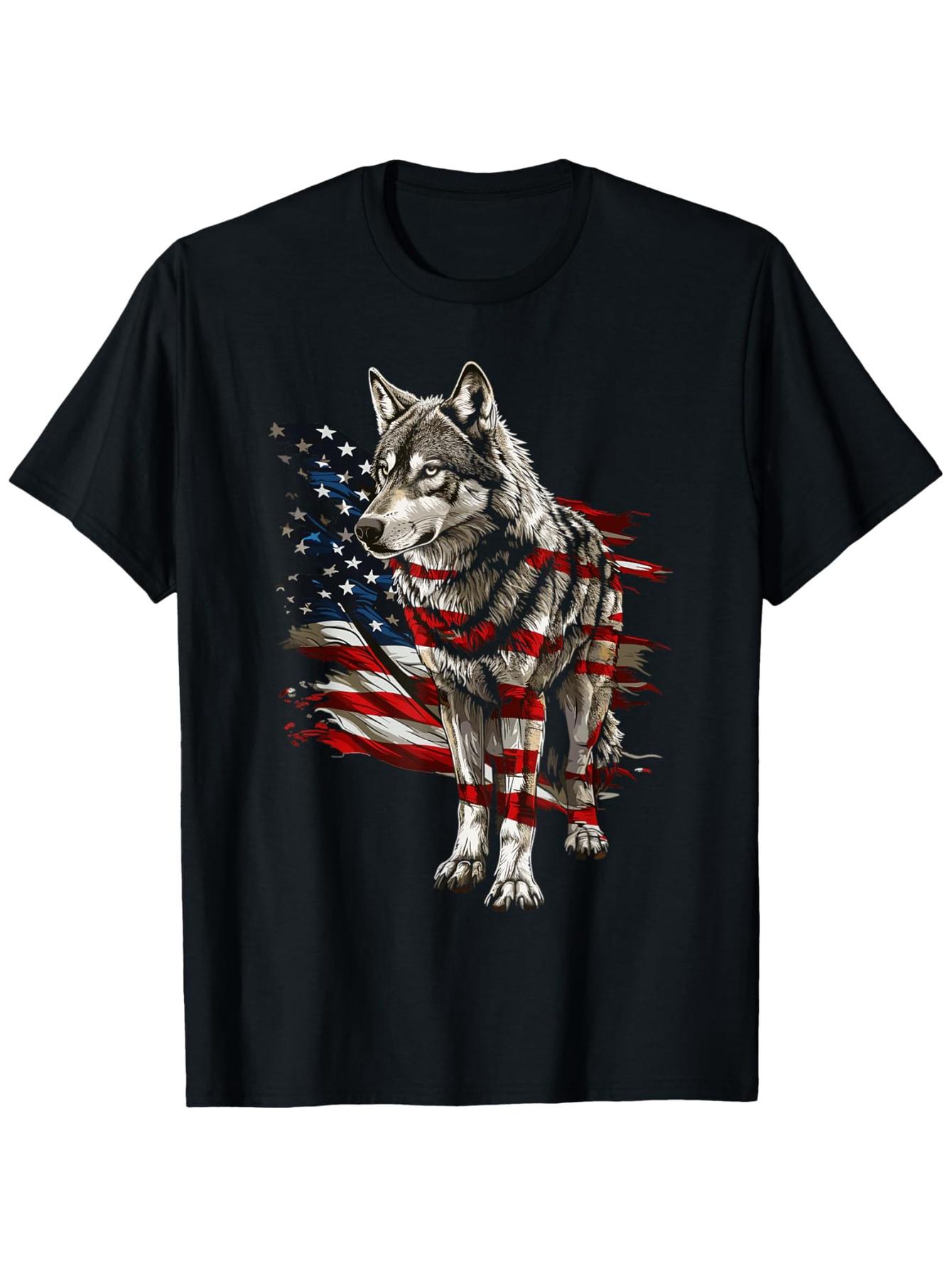 Wolf Outfit Patriotic Wolves 4th Of July USA American Flag pattern design100 cotton Oneck short sleeve printed mens Tshirt S