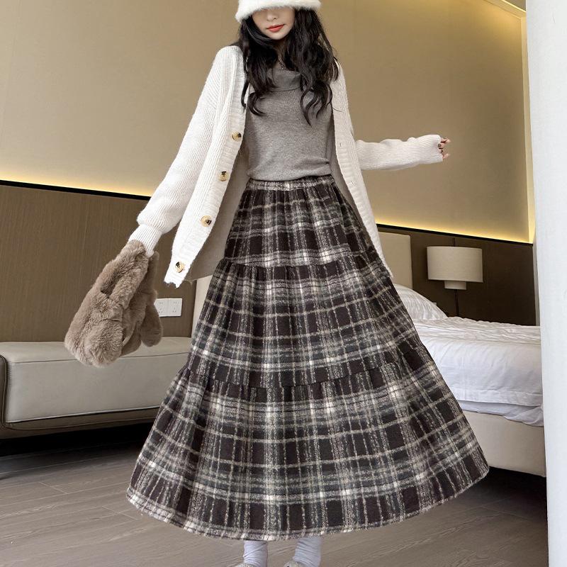 Vintage Plaid Wool A-line Skirt for Women - High Waist, Mid-Length, Autumn/Winter 2025 Collection