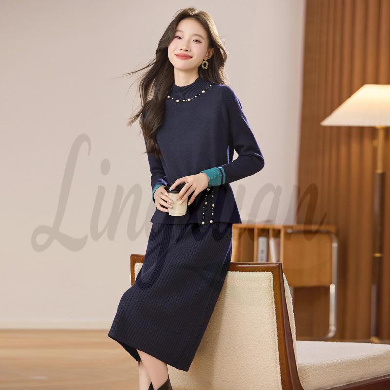 2026 Beaded Knit Sweater Dress - Women's Mid-Length Autumn Winter Solid Color Vest Dress