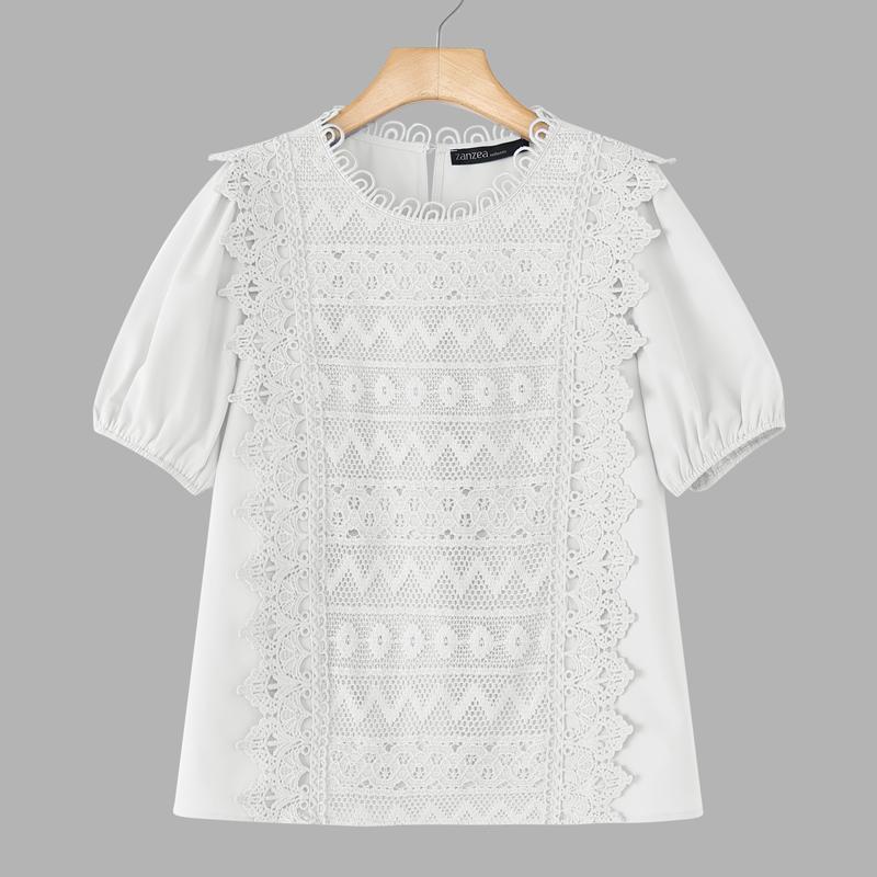 ZANZEA Women Casual Round Neck Short Sleeve Loose Crochet Patchwork Blouse