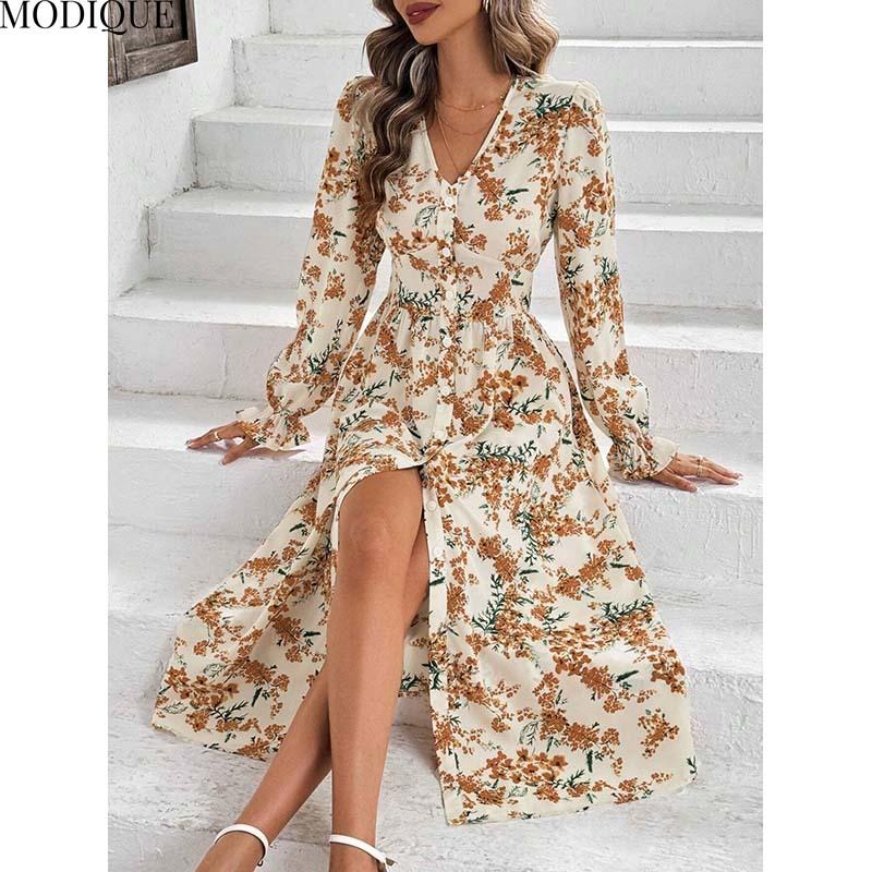 MODIQUE 2025 Summer Plus Size New Women's Sexy Casual Floral Printing Slip Sleeve Cover Long Dress Ladies A-Line Hot V-Neck Dress