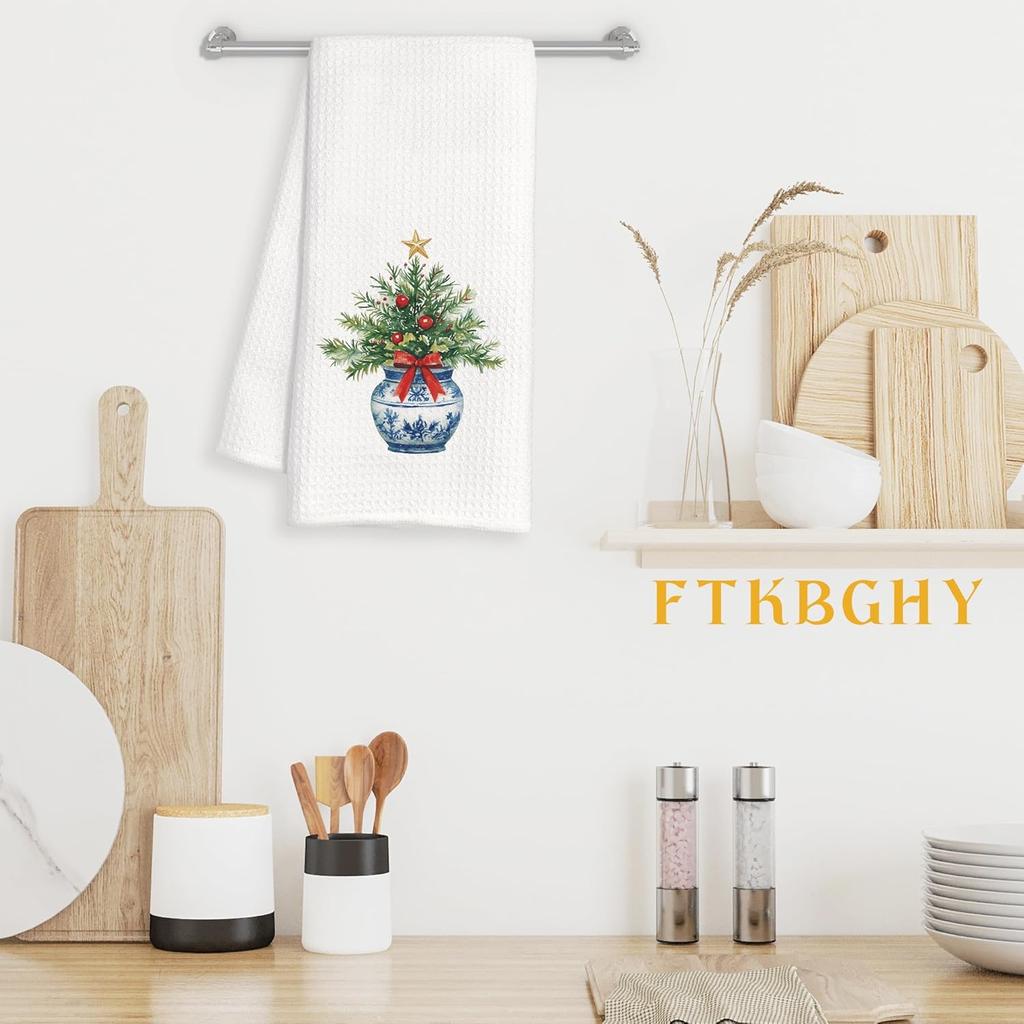 Chinoiserie Christmas Kitchen Towels, Grandmillennial Christmas Decor, Coquette Red Bow Xmas Tree Decorative Dish Hand Tea Towels for Bathroom