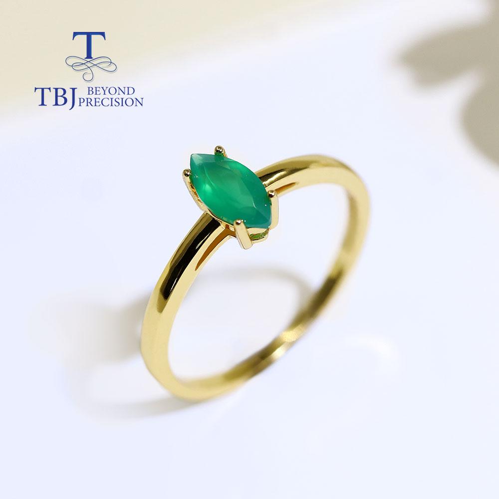 Natural Simple Gemstone Ring Mq 4*8mm Green Agate 18k Gold Over 925 Sterling Silver Fine Jewelry for Girls Daily Wear Nice Gift