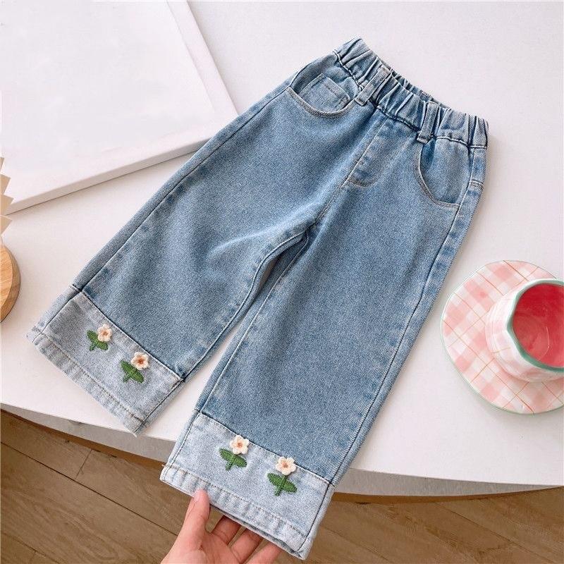 Girls Spring Colorblocking Soft Wide-Legged Pants Middle Child Casual Cute Jeans
