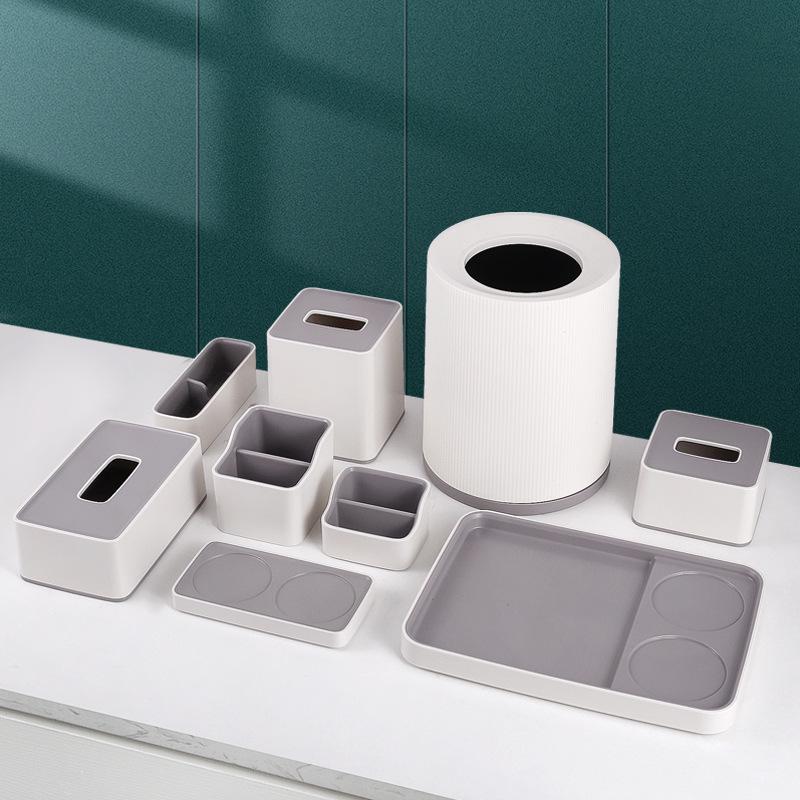 Hotel Bathroom Essentials Set: Washstand Tray, Disposable Toothbrushes, Tissue & Tea Box, Remote Holder