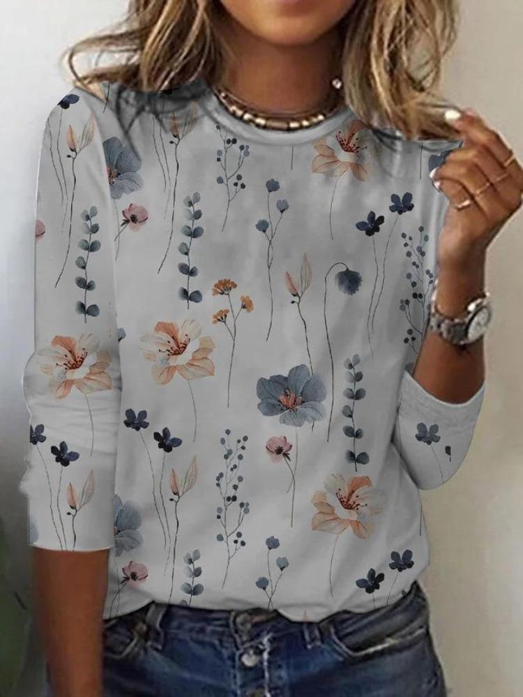 Fashion Women Long Sleeve Cross Border Floral Print Trendy T-Shirt European American