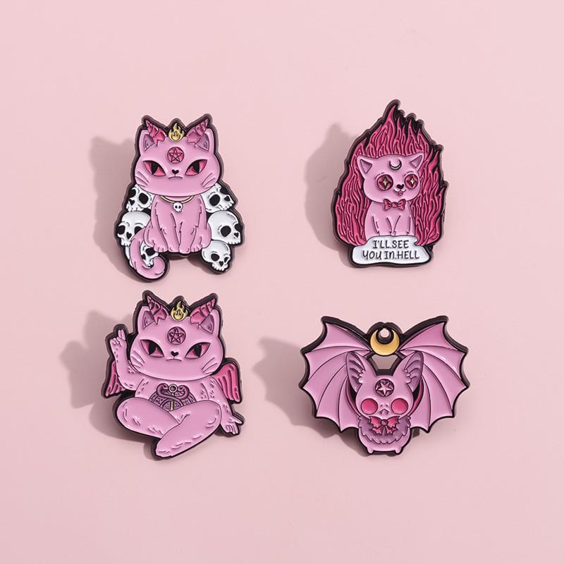 Adorable Cartoon Style Halloween Brooch With Pink Skull Bat And Cat For Festive Decoration